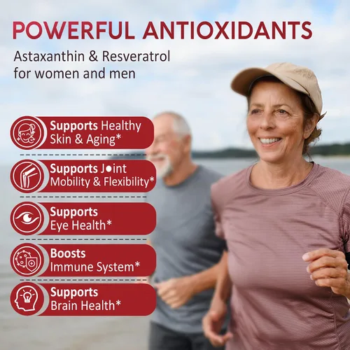 Miniatura 4 de Suplementos de astaxantina de 24 mg con resveratrol, vitamina B1, aceite de coco, antioxidantes orgánicos de algas para hombres y mujeres