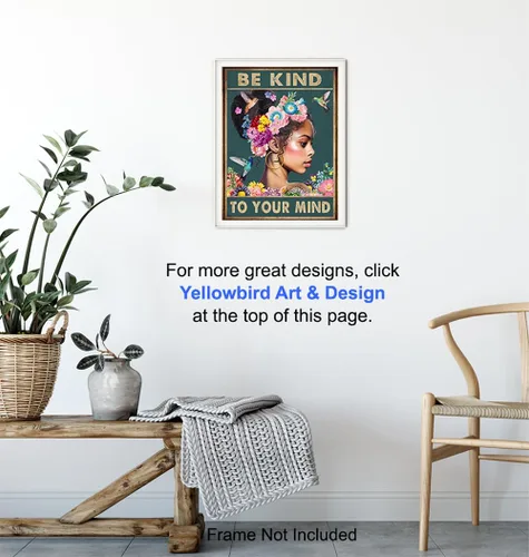 Miniatura 6 de Arte de pared de mujeres afroamericanas negras – Chica negra – Be Kind to Your Mind - Citas inspiradoras - Colibríes Salud mental Póster de arte