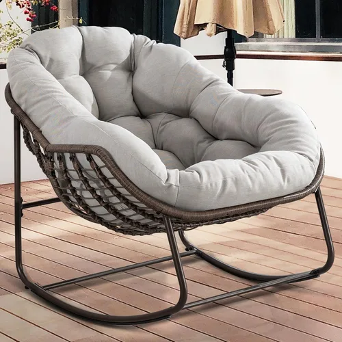 Miniatura 9 de HOMEFUN Juego de 2 mecedoras para patio al aire libre, sillas Papasan Rock de gran tamaño para interiores con cojín acolchado, asiento de huevo