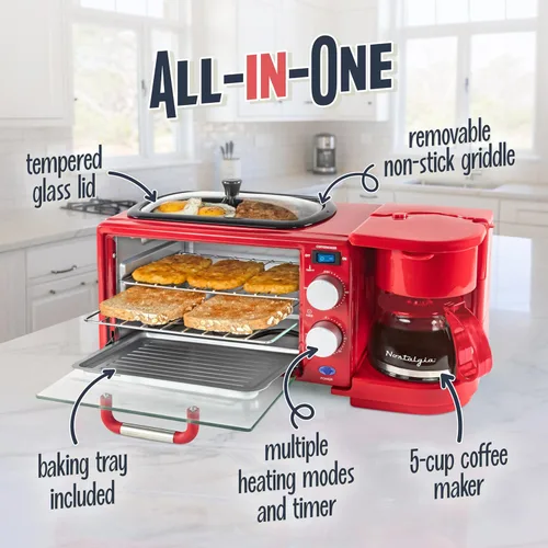 Miniatura 4 de Nostalgia Estación de desayuno retro 3 en 1, incluye cafetera de 5 tazas, plancha de cerámica antiadherente y horno tostador de 4 rebanadas, Rojo