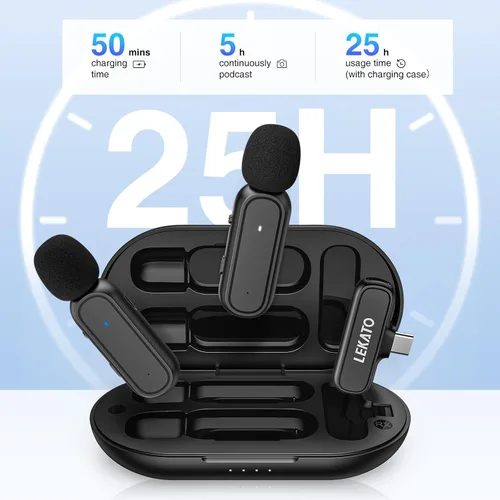 Miniatura 2 de LEKATO Micrófono Lavalier inalámbrico para teléfono Android con USB-C, paquete de 2 micrófonos inalámbricos con estuche de carga, micrófono