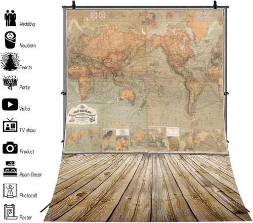 Miniatura 3 de AOFOTO Mapa del mundo vintage de 3 x 5 pies, fondos nostálgicos, fondos artísticos, pisos de madera retro, adultos, niños, niños, niños, bebés