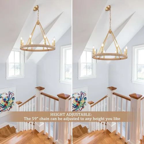 Miniatura 4 de Candelabro dorado de 24 pulgadas, 8 luces doradas para comedor, lámpara colgante redonda rústica para sala de estar, vestíbulo, entrada, techo alto
