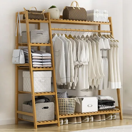 Miniatura 12 de Perchero de bambú para ropa, con estantes de almacenamiento y ganchos, organizador de almacenamiento de ropa abierto para entrada, dormitorio, sala