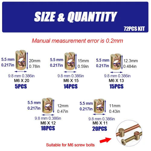 Miniatura 2 de Kit de 72 tuercas métricas M6 de barril con orificio cruzado, para muebles, camas, cunas y sillas (M6 x 11mm/12mm/13mm/15mm/20mm)