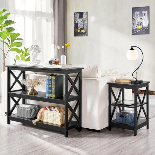 Miniatura 5 de Yaheetech - Mesa consola con estantes de almacenamiento, mesa de entrada de 3 niveles, mesa lateral para sofá, estrecha y larga, estantería
