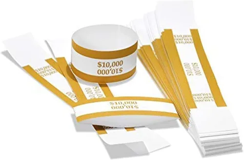 Correas de moneda - Envolturas de billetes, bandas de dinero para organizar facturas, colores estándar ABA, autoadhesivos, 7.5 x 1.15 pulgadas (oro