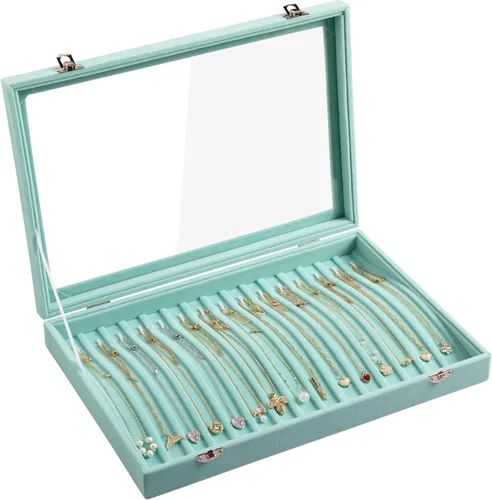 Frebeauty Bandeja de collares de terciopelo con tapa transparente con cerradura para collares, caja organizadora de joyas para colgantes, cadenas,