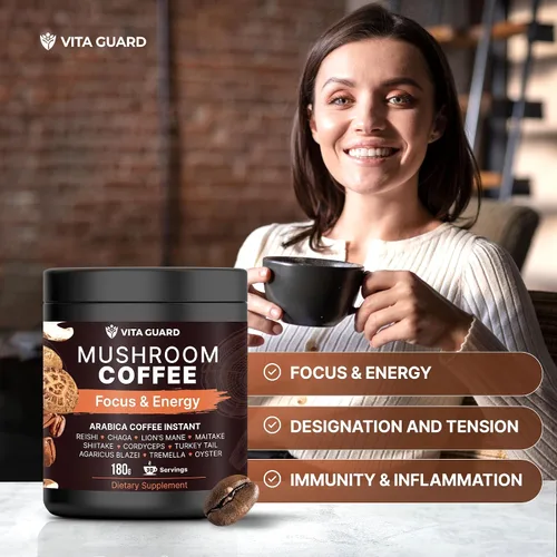 Miniatura 9 de Vita Guard 10 Café de Hongos en Mezcla Instantánea – Melena de León, Cordyceps y Reishi – Café Árabe Premium con Polvo de Coco – Concentración