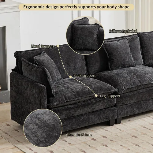 Miniatura 6 de Sofá modular negro de 111.5 pulgadas, sofás seccionales grandes de 3 plazas para sala de estar, sofá nube de tela de felpilla de gran