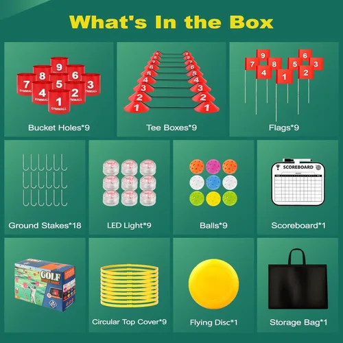 Miniatura 8 de Juego de cubo de golf para patio trasero, cubo de 9 agujeros, juego de golf con luz LED y banderas de golf para adultos y niños, para interiores