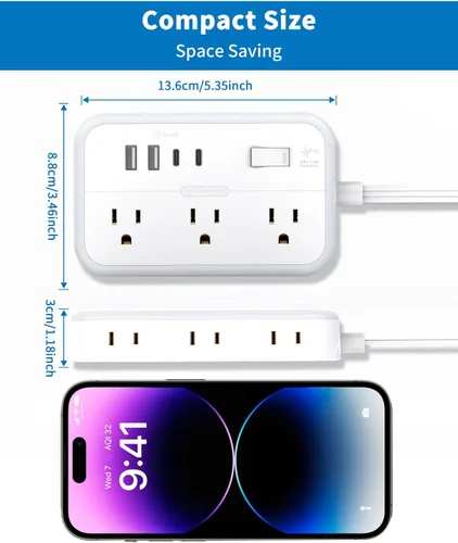 Miniatura 6 de Regleta de alimentación NTONPOWER con cable de extensión plano de 25 pies, con 6 salidas y 4 puertos USB (2 USB C), enchufe plano, múltiples Blanco