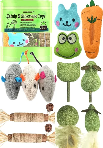 Paquete de 12 juguetes de hierba gatera para gatos, palos de silvervine, bolas de hierba gatera, ratones de hierba gatera, juguetes de patada,