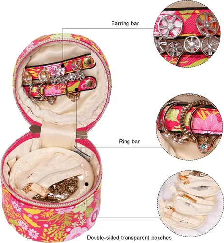 Miniatura 4 de Angelina's Palace Round Jewelry Organizer Case Travel Bag Bridesmaid Gifts Vegan Leather Box for Necklace Earring Bracelet Ring(blossom fuschia)