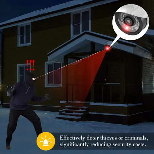 Miniatura 7 de BNT Cámara de seguridad falsa con energía solar, cámara de vigilancia falsa en forma de bala con luz LED roja para noche, calcomanía de advertencia