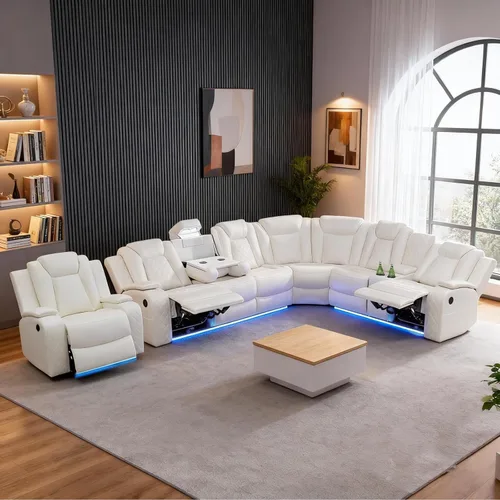 Miniatura 14 de Juego de sofá reclinable eléctrico, juegos de muebles de sala de estar, juego de sofá modular de cuero con luces LED, portavasos, consola