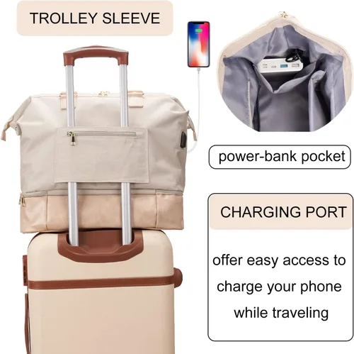 Miniatura 4 de MINKARS Bolsa Weekender, Beige, Bolsa de fin de semana con compartimento para zapatos