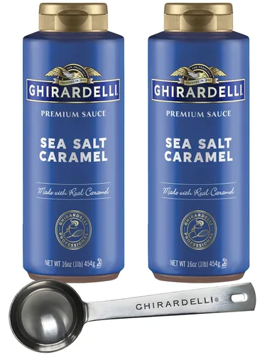 Ghirardelli Salsa prémium de caramelo de sal marina de 16 onzas (paquete de 2) con cuchara de barista estampada Ghirardelli
