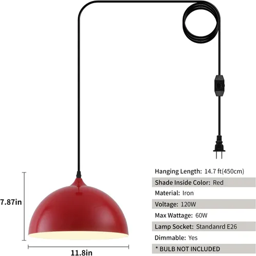 Miniatura 3 de Luz Colgante Roja con Enchufe Paquete de 2, 11.8 pulgadas, 14.7 pies, Luz Colgante Estilo Granja, Luces Colgantes de Cocina, Luces Colgantes