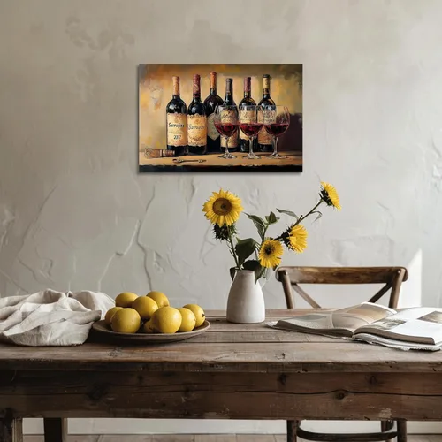 Miniatura 3 de XLMDYYSW Arte de pared vintage para cocina, imagen rústica de vino tinto y uva, pintura de queso de granja, botella de vino, impresiones en lienzo