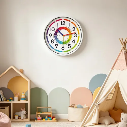 Miniatura 5 de Reloj de pared para niños, reloj de pared silencioso de 12 pulgadas para niños, reloj de pared decorativo de cuarzo silencioso sin tictac para aulas