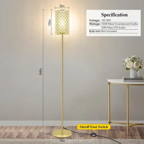 Miniatura 3 de Lámpara de pie dorada, lámpara de pie de cristal con pantalla decorativa, lámpara de pie con interruptor de pie de encendido/apagado y base E26
