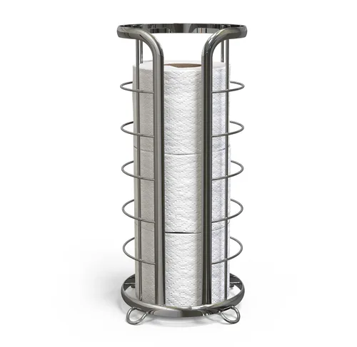 BROOKSTONE, Soporte de papel higiénico cromado brillante, organizador de pañuelos de baño independiente, solución de almacenamiento minimalista,