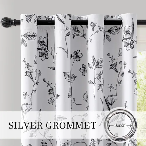 Miniatura 3 de ChrisDowa Cortinas florales 100% opacas de 63 pulgadas de largo, 2 paneles para dormitorio, sala de estar, estampado de flores negras