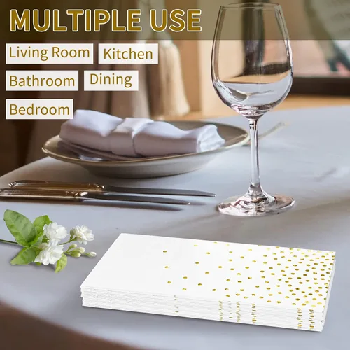 Miniatura 5 de DYLIVeS Paquete de 100 mini servilletas de papel de aluminio blanco y dorado con confeti de lunares, toallas de mano desechables de Navidad