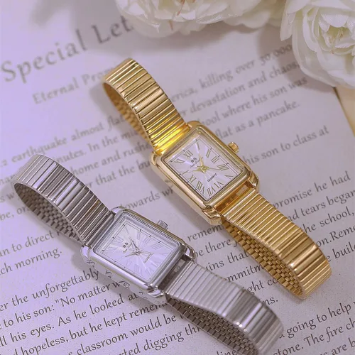Miniatura 4 de CARLIEN Reloj de cuarzo para mujer, clásico, clásico, rectangular, impermeable, correa de acero inoxidable, pequeño, delicado, dorado, plateado