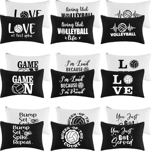 Flutesan Juego de 18 bolsas de maquillaje de voleibol, regalos de voleibol para niñas, bolsa de cosméticos de lona con cremallera para jugadores,