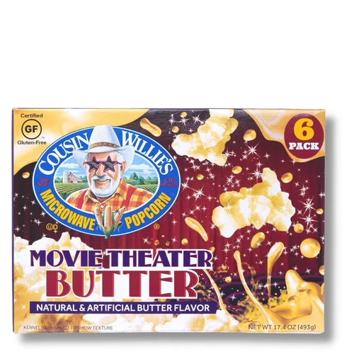 Cousin Willie's Bolsas de palomitas de maíz para microondas, mantequilla de cine (8 cajas, 48 bolsas) cajas de palomitas gourmet para fiestas,