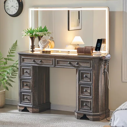 Escritorio con espejo y luces, luces LED de 48 pulgadas, tocador de maquillaje con 8 cajones, mesa de tocador con 3 modos de color, tocador con