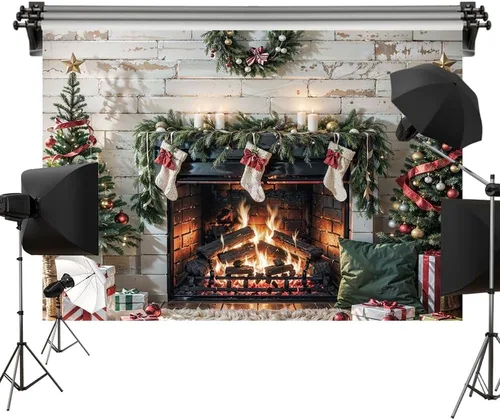 Miniatura 6 de Kate Fondo de chimenea de ladrillo de Navidad de 6.5 x 6.5 pies / 6.6 x 6.6 ft, regalo de árbol de Navidad, calcetín de tela impresa, fondo