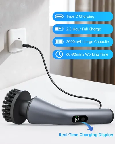 Miniatura 7 de VICNOVA Limpiador eléctrico giratorio, IPX7 impermeable de 2 velocidades, cepillo de limpieza inalámbrico extensible de mango largo con 7 cabezales