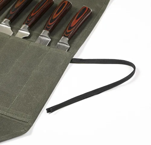 Miniatura 5 de Bolsa de rollo de cuchillo de lona encerada resistente, bolsa portátil para cuchillos de chef, duradera (verde militar)