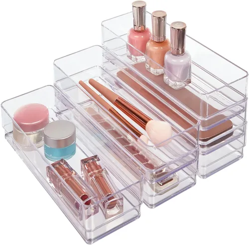 STORi SimpleSort Juego de 6 organizadores de cajones transparentes apilables | Bandejas rectangulares de 9 x 3 x 2 pulgadas | Contenedores estrechos