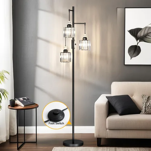 Miniatura 5 de Lámpara de pie de árbol negro con 3 pantallas de jaula de cristal y bombillas regulables, lámpara de pie vintage de 70 pulgadas para sala de estar