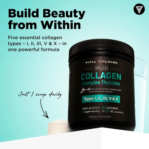 Miniatura 2 de Vital Vitamins Polvo de péptidos de colágeno múltiple, sin sabor, fácil de disolver, tipo I, II, III, V, X, para mujeres y hombres, promueve