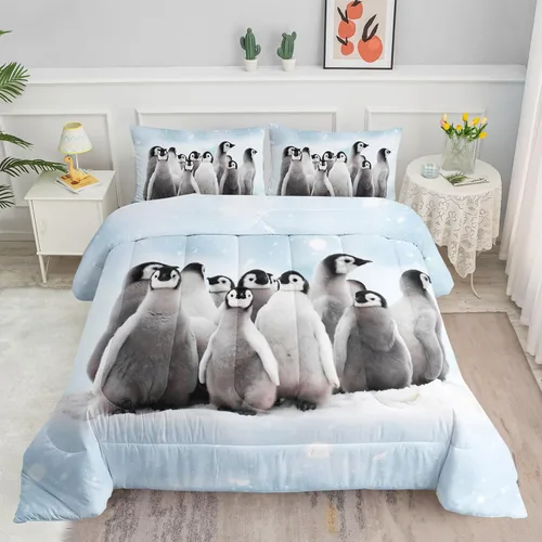 Datura home - Juego de ropa de cama con edredón con estampado de pingüino y nieve, juego de colcha con 1 edredón y 2 fundas de almohada para