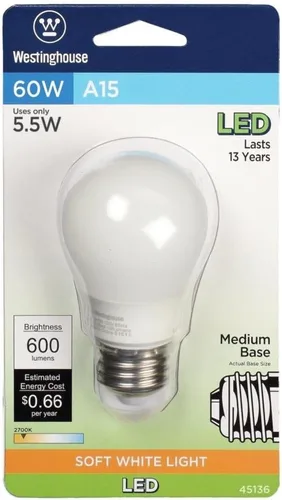 Miniatura 3 de Westinghouse Lighting 4513600 - Bombilla LED A15 equivalente a 60 W, color blanco suave, con base media, 1 unidad (paquete de 1), paquete individual