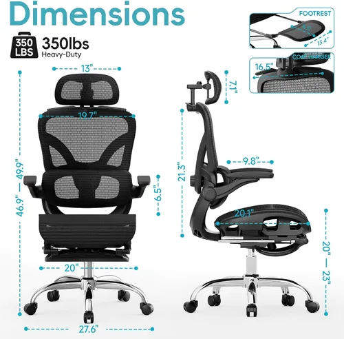 Miniatura 2 de Alllion Silla de oficina ergonómica de malla, silla de escritorio para el hogar cómoda con respaldo alto, soporte lumbar ajustable, reposacabezas