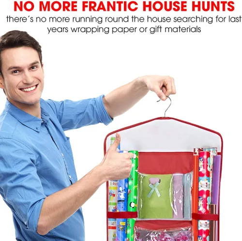 Miniatura 6 de Almacenamiento de papel de regalo colgante Organizador de papel de regalo de doble cara Bolsillos para bolsas de regalo, cinta, lazos y Rojo