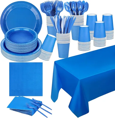 Juego de 229 piezas de suministros azules para fiestas, platos desechables de papel, vasos, cucharas de plástico, tenedores, cuchillos, servilletas