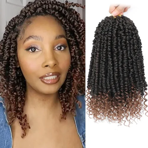 Miniatura 27 de 9 paquetes de cabello pretrenzado Passion Twist de 10 pulgadas, cabello de ganchillo Passion Twist con ombre marrón, trenzas de ganchillo bohemio