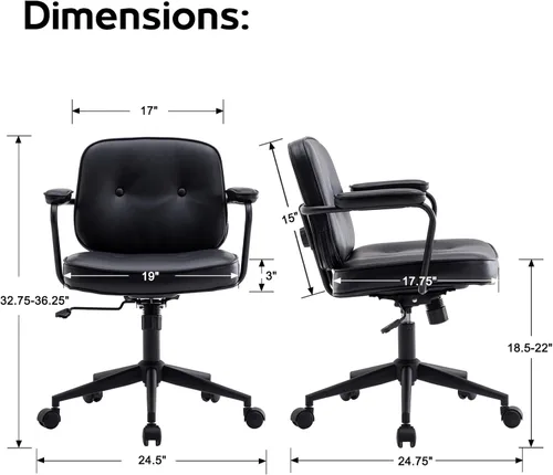 Miniatura 2 de LukeAlon Silla de escritorio ajustable de piel sintética, silla giratoria de 360° negra con reposabrazos, asiento grueso, botones y ruedas