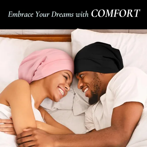 Miniatura 6 de Zenssia Gorro de pelo con forro de satén para dormir, gorro de dormir para mujeres y hombres con correa ajustable, envoltura para el cabello que