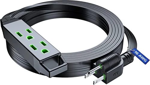 Miniatura 10 de Maximm Cable de extensión de 15 pies, calibre 16, enchufe plano pequeño y diseño de cable plano que ahorra espacio, 125 V, 13 A, 1625 W, 3 clavijas