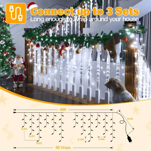 Miniatura 3 de Ollny Luces de Carámbano para Exteriores Blanco Frío, 600LED 49FT Luces de Navidad con Control Remoto 8 Modos Regulables, Impermeable Conectable