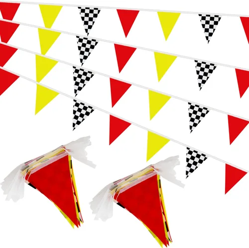 Banderines a cuadros rojos, amarillos, negros y blancos, banderines de cadena para carreras de autos de carreras, triángulos, banderas para fiestas